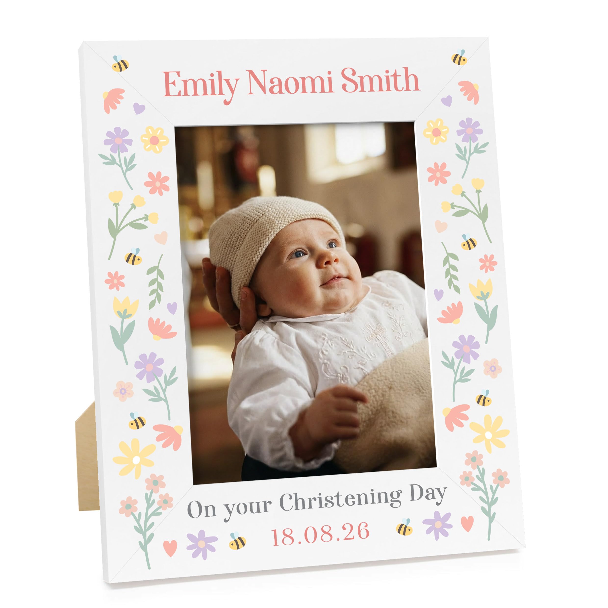Beecreative Personalised Girls Christening Photo Frame Gifts - Floral Wooden 6x4 7x5 Photo Frame - Goddaughter Christening Day Present