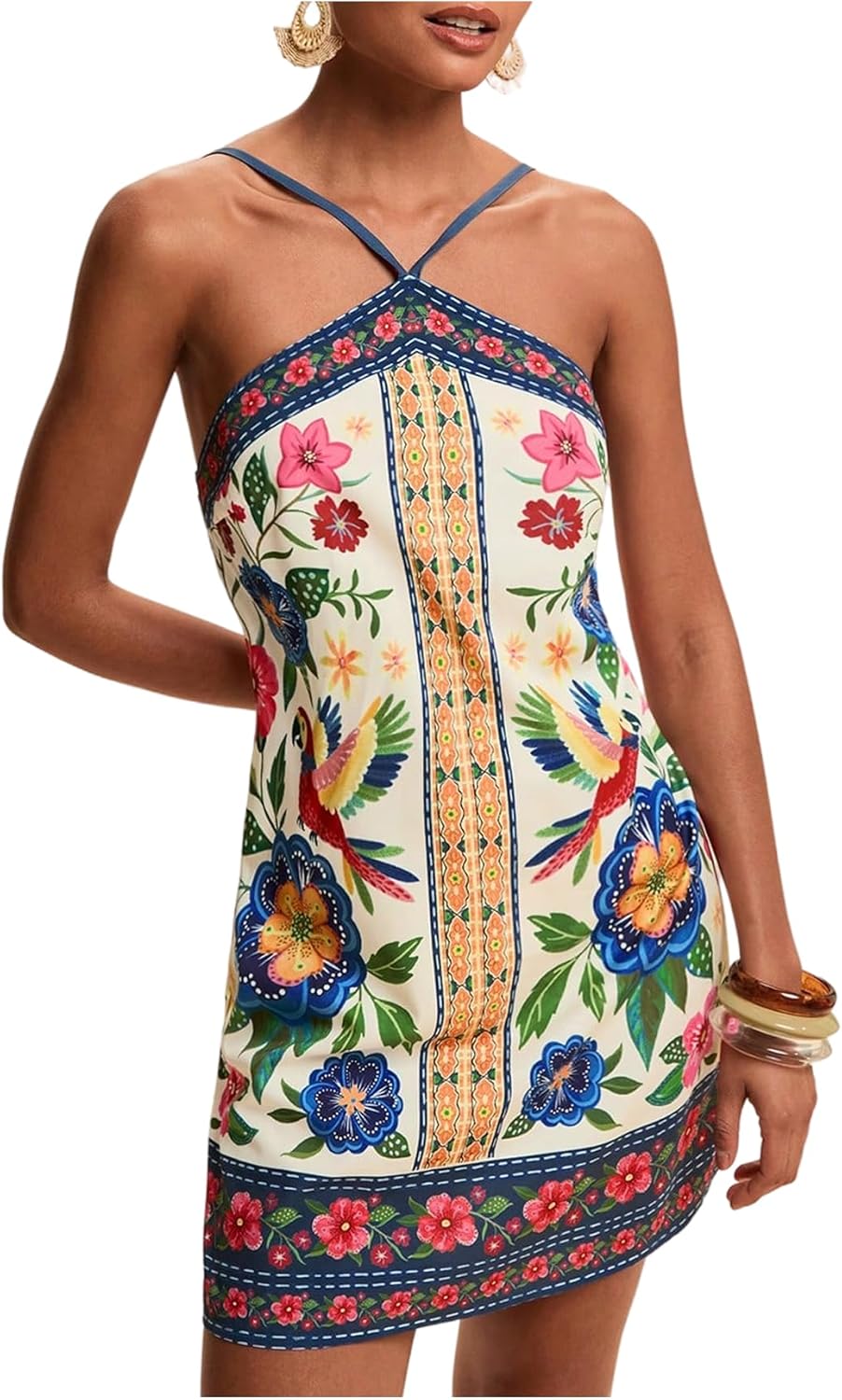 MakeMeChic Women's Backless Dress Tropical Vacation Outfits Halter Cami Summer Boho Beach Mini Dresses