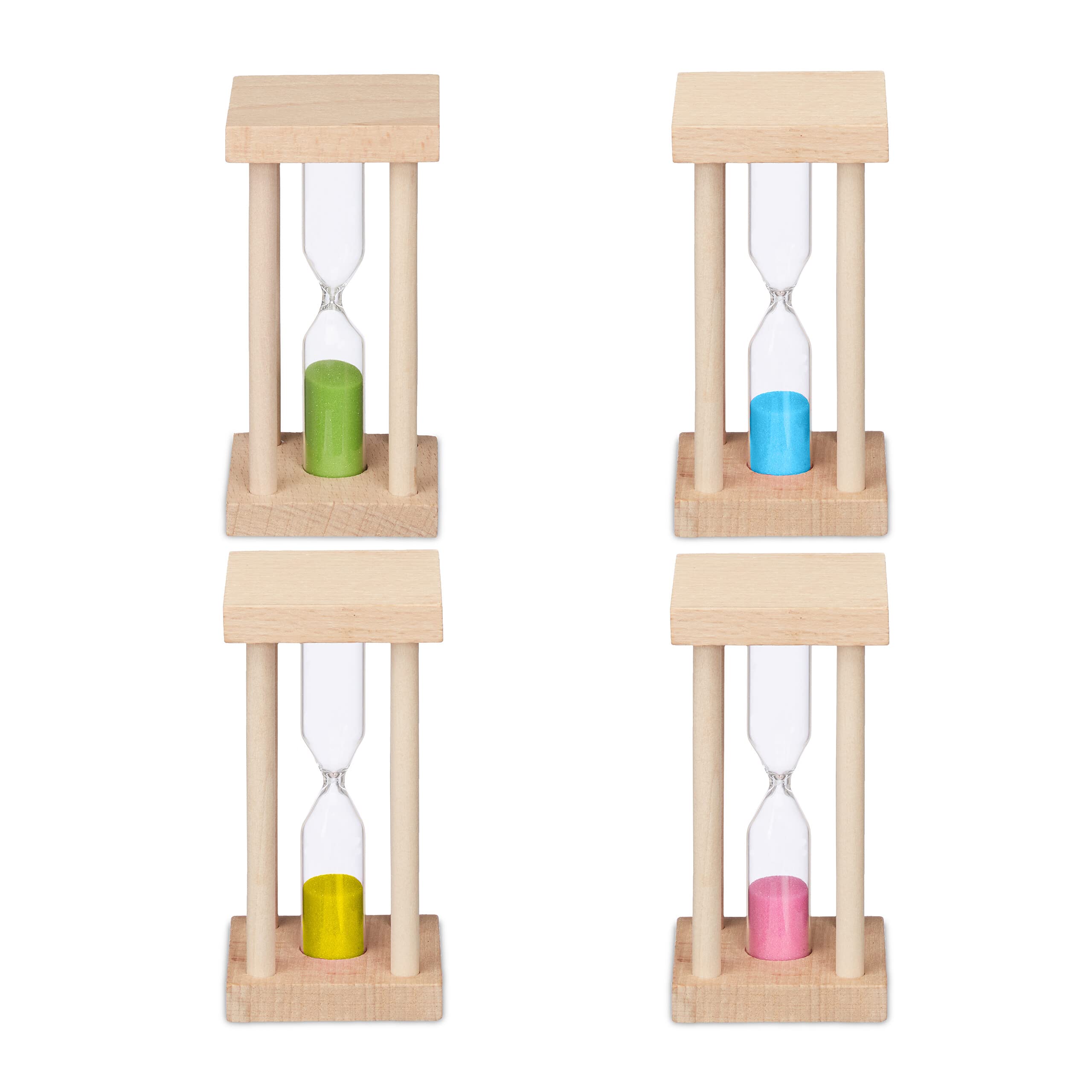 Relaxdays 4x Sand Timer, Hourglass, Productivity Clock, 4 Different Times, HxW: 9x4.5cm, Children, Fun, Glass, Colourful