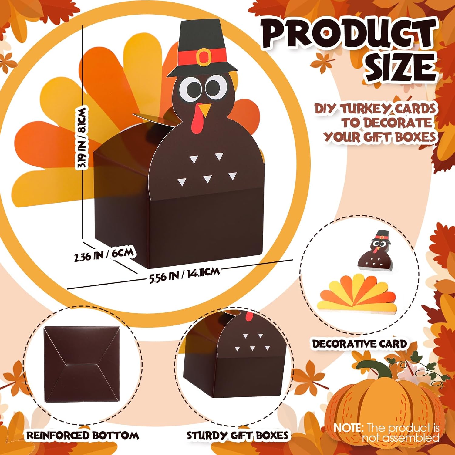 Cholemy 100 Pcs 3D Thanksgiving Gift Boxes DIY Thanksgiving Treat Boxes Thankful Turkey Goodies Box Candy Box Cupcake Box Thanksgiving Party Favor for Table Centerpiece Decoration, 2.36x2.36x1.97'' - Image 2