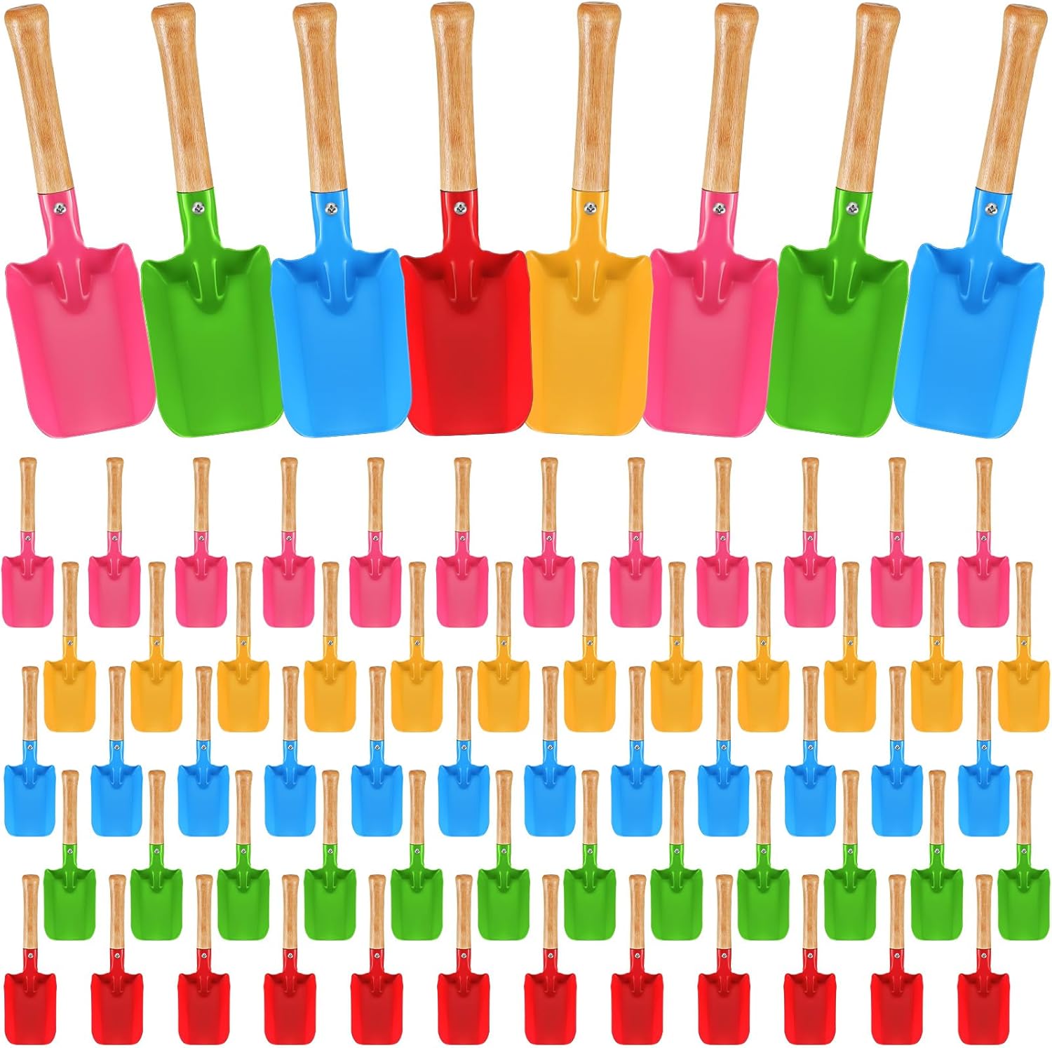 RoundFunny 35 Pcs Small Beach Toy Shovels 8" Mini Metal Garden Sand Shovels with Sturdy Wooden Handle, Soil Planting Digging Tools, 5 Colors