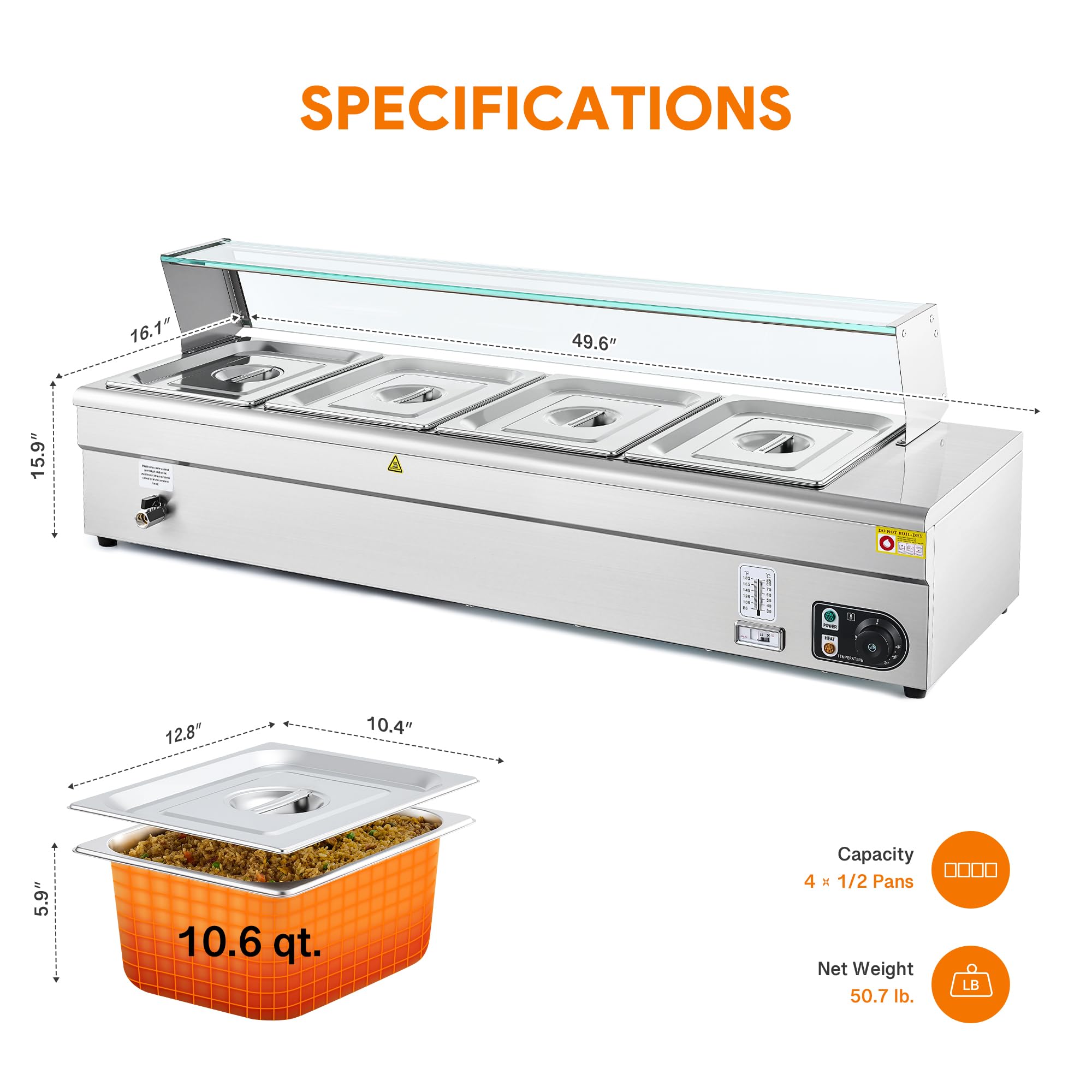 WILPREP Commercial Food Warmer with Three 1/2 Pans, Electric Warmer for Food with Sneeze Guards Adjustable Temp. & Auto Shutoff, Stainless Steel Food Heating Unit for Buffet Food Truck Hotel Catering