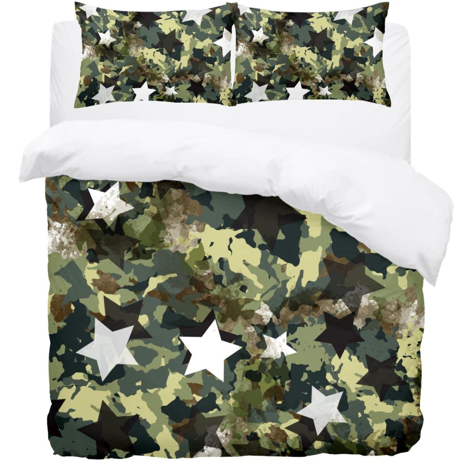 Parure de lit simple housse de couette douce 3 pièces et 2 taies d'oreiller étoiles camouflage