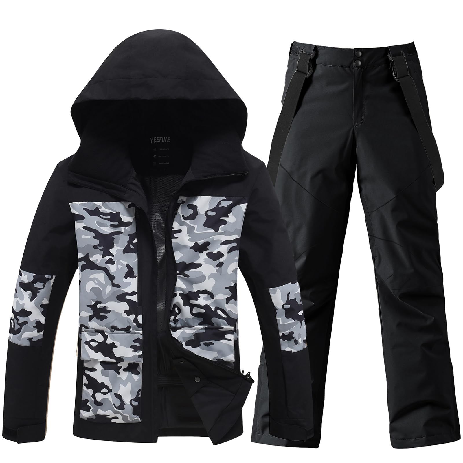 HOTIAN Conjunto de chaqueta y pantalones de esquí para hombre, transpirable, traje de esquí impermeable, resistente al viento, traje de nieve con capucha desmontable