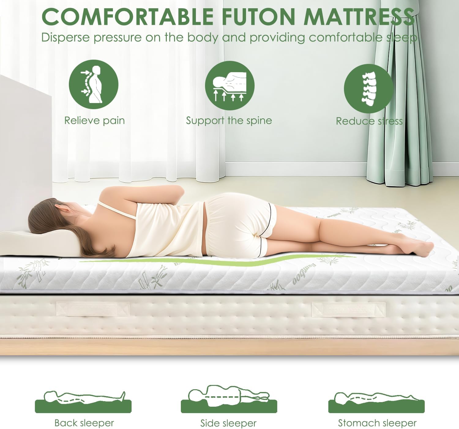Japanese Floor Mattress Viscose Derived from Bamboo, 100% High Density Foam, 3.5" Thicken Cooling Foldable Futon Mattress Tatami Mat, Roll Up Floor Bed for Guest Room Bedroom RV, Twin