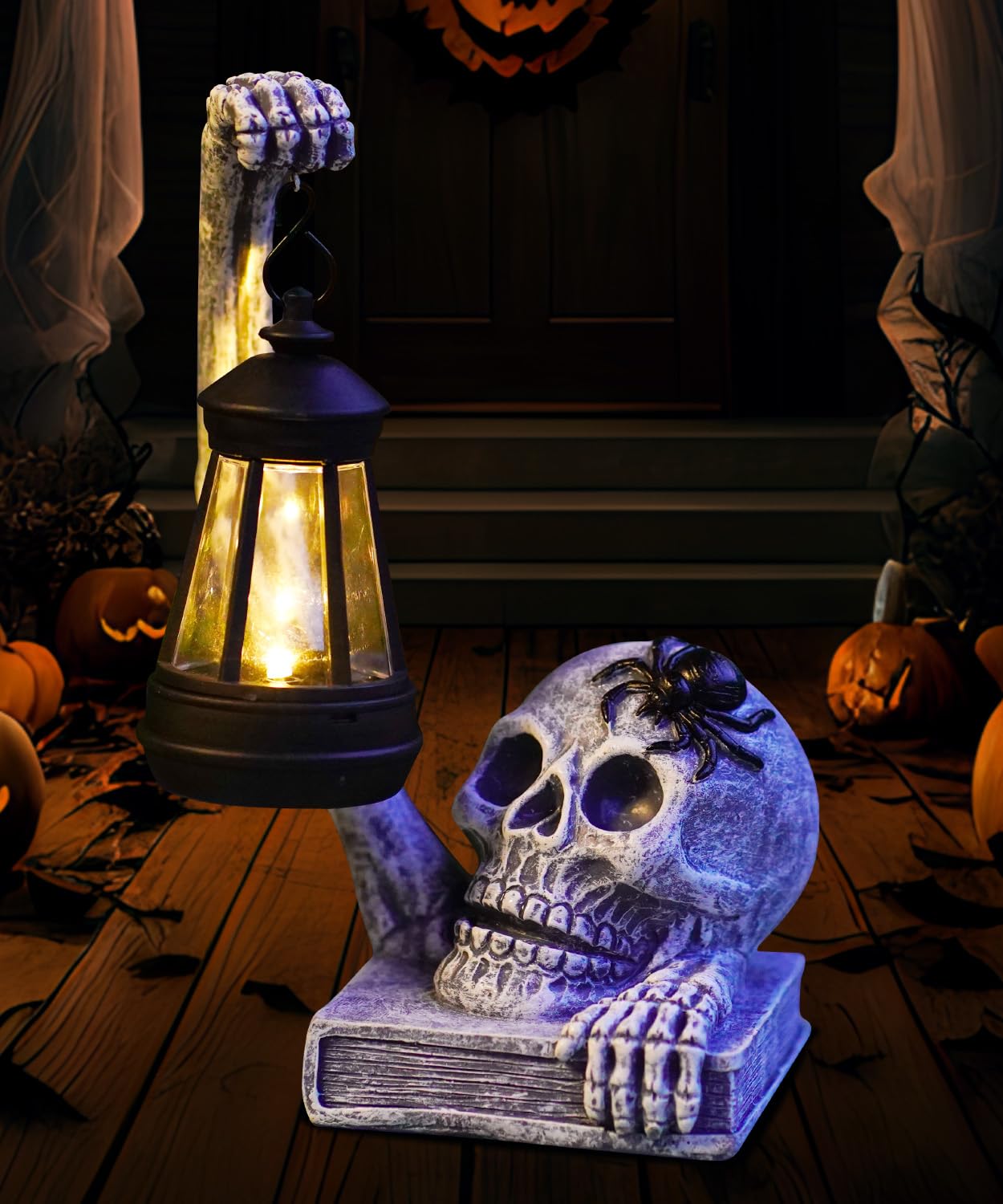 Yeomoo Totenkopf Mit Solarlampen - Halloween Deko für Outdoor Innen, Schädel Solar Figuren, Horror Geschenke für Frauen Männer, Skull Deko für Garten, Balkon, Tisch, Wohnzimmer - Grau