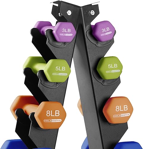 Miniatura 6 de HolaHatha - Juego de mancuernas de neopreno y estante, equipo para entrenamiento y gimnasio en casa, 146 lb, pastel