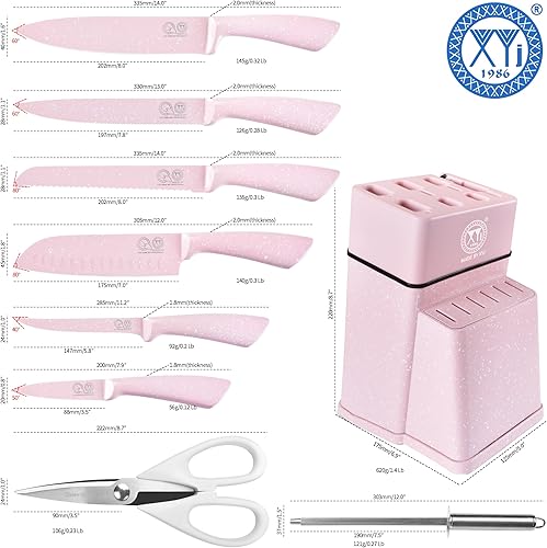 Miniatura 2 de XYJ Juego de bloques de cuchillos, color rosa, cuchillos de cocina de acero inoxidable con soporte para bloque de cuchillos, cuchillo de carne, kit