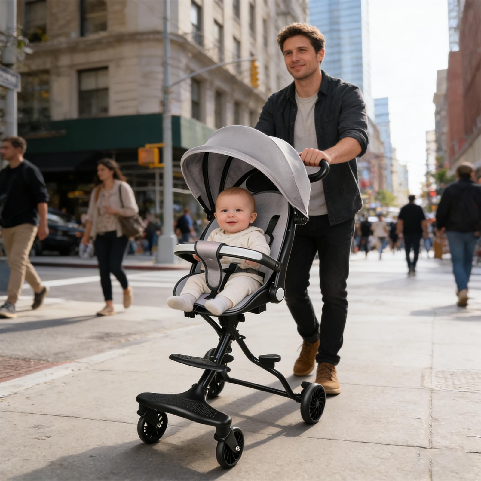 Supfine Passeggino da viaggio ultraleggero con sedile regolabile, parapioggia pieghevole, cintura di sicurezza a 3 punti, fino a 15 kg, altezza totale 108 cm (grigio)
