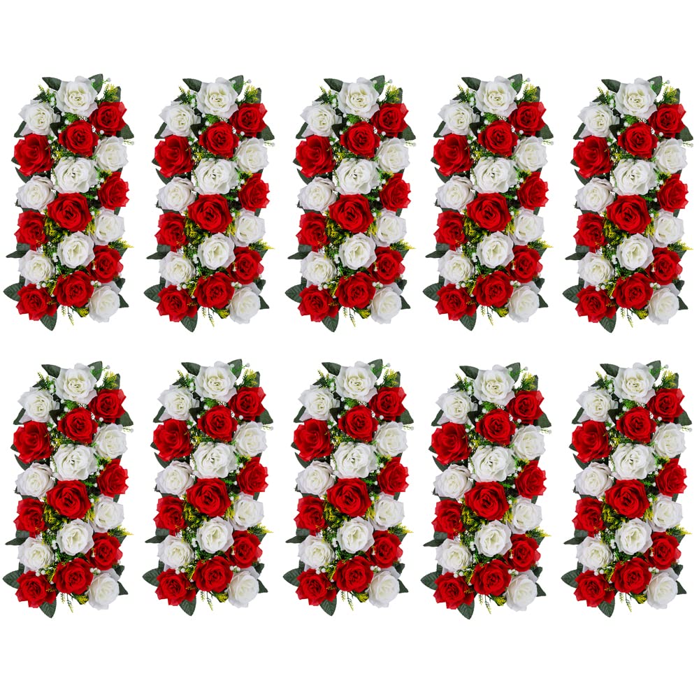 Inweder Flower Table Decoration for Wedding - 10 Pcs Artificial Table Flower Arrangement, Weeding Rose Floral Centerpieces for Reception, Table Runner, Dining Table, Living Room, Kitchen, Red & White