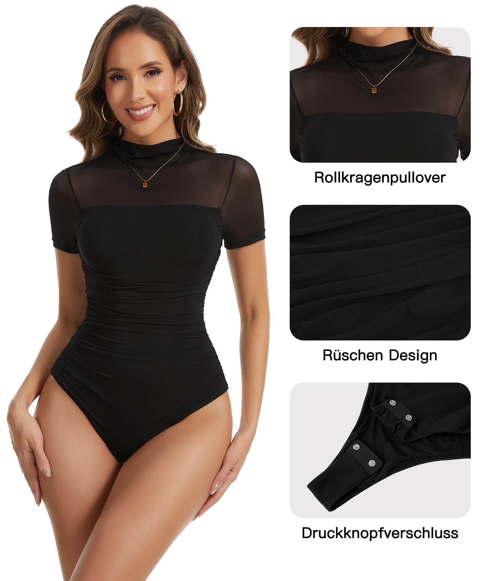 SHAPERIN Donna Body Manica Corta Collo Alto Bodys a Rete Trasparente Arricciato Body Maglietta Elegante per Uscire Feste Club
