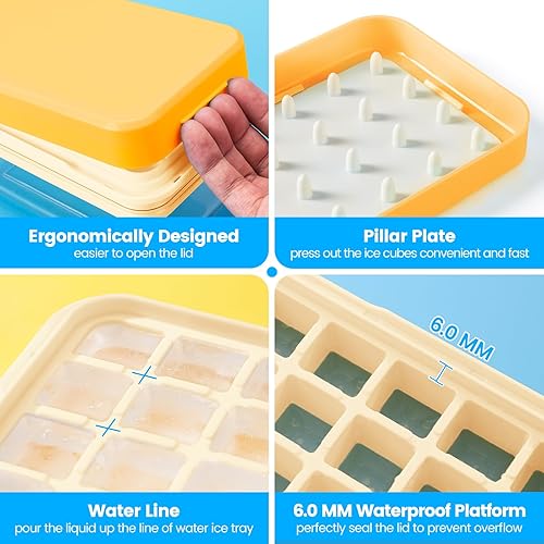 Miniatura 4 de Bandeja para cubitos de hielo con tapa y contenedor, 32 moldes para cubitos de hielo, bandejas de hielo para congelador, molde de bandeja