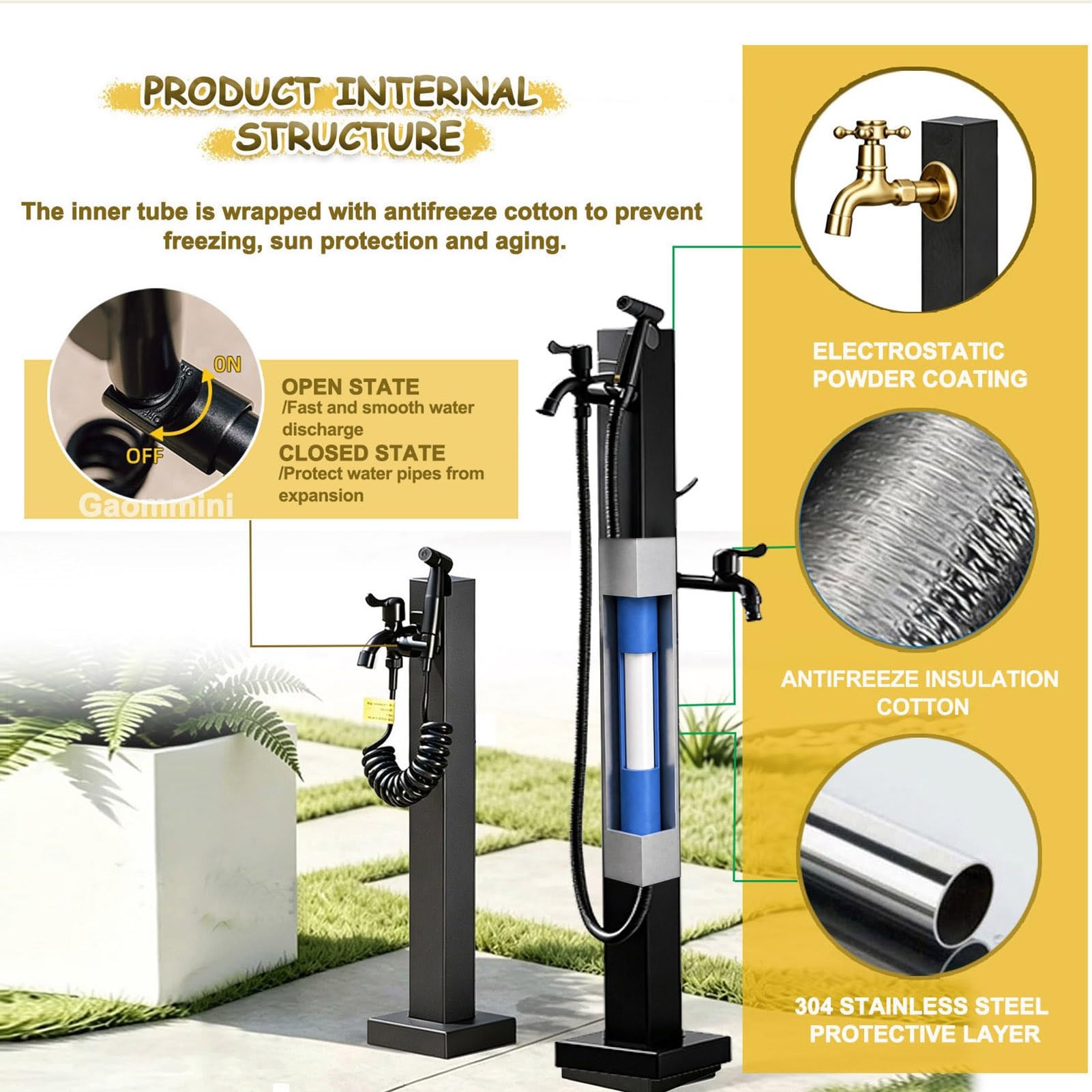 Hidrante de jardín al aire libre con grifo y pistola rociadora, columna de agua de jardín, soporte de manguera de grifo de doble salida, acero inoxidable para patio trasero