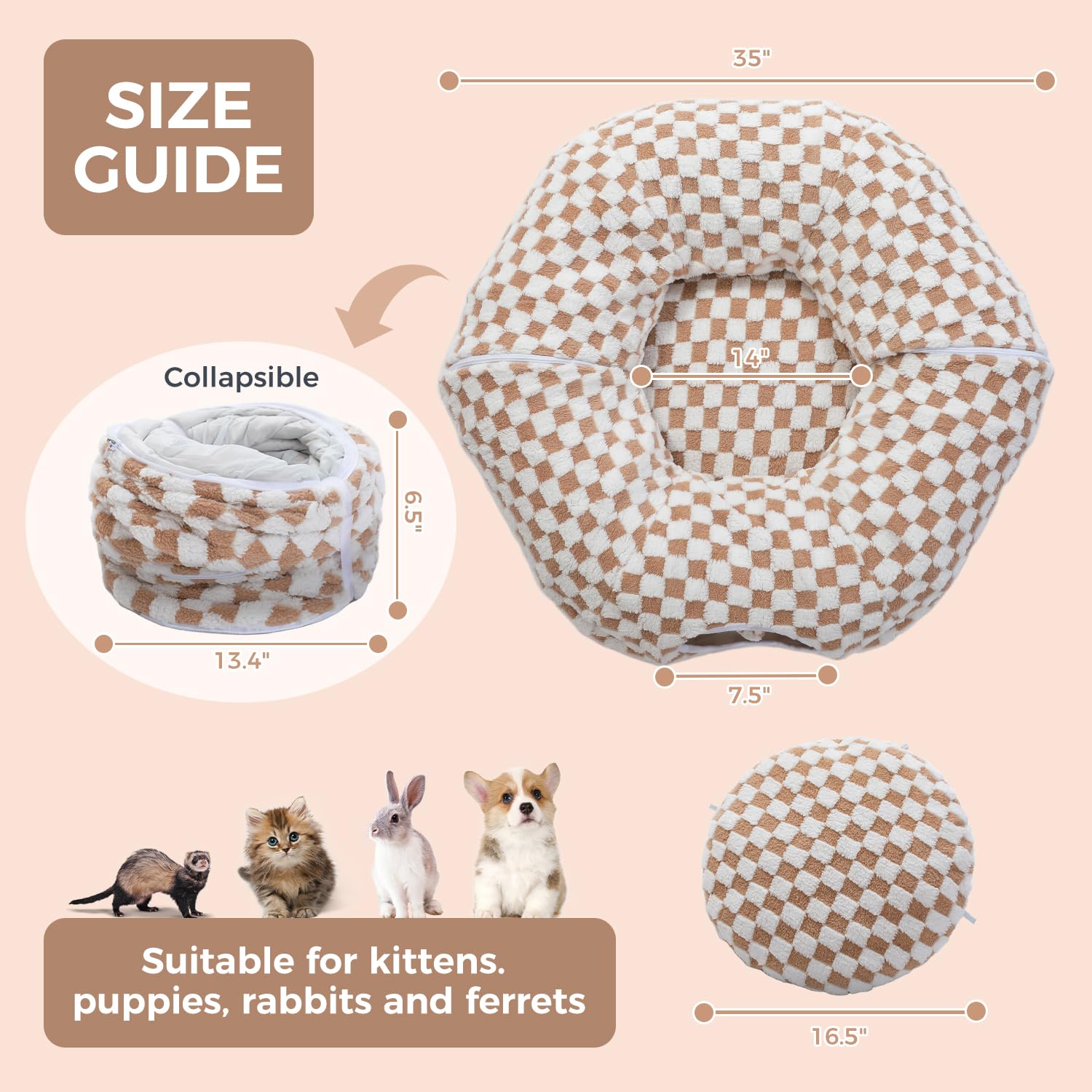 PEQULTI Túnel para gatos con cama para gatos de interior, túnel de dona con alfombrilla de felpa suave lavable, túnel redondo para gatos, lindo tubo para gatitos, cachorros, conejos y hurones, marrón