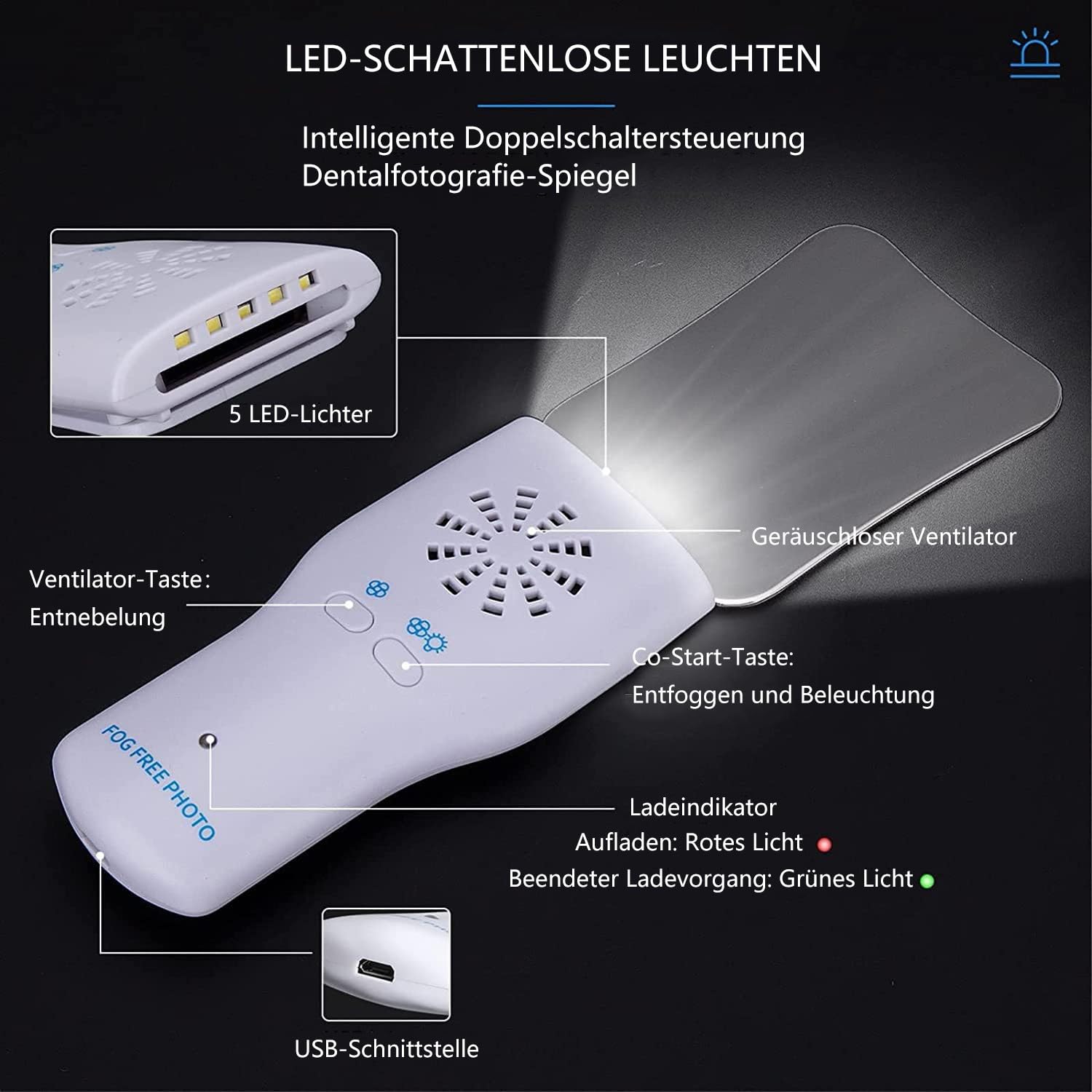 Fog-Free Intraoral Spiegel mit Griff, Dental Fotografie Spiegel, Dental Spiegel für Kieferorthopädie Led Double-Sided Reflektor, Dental Care Kit