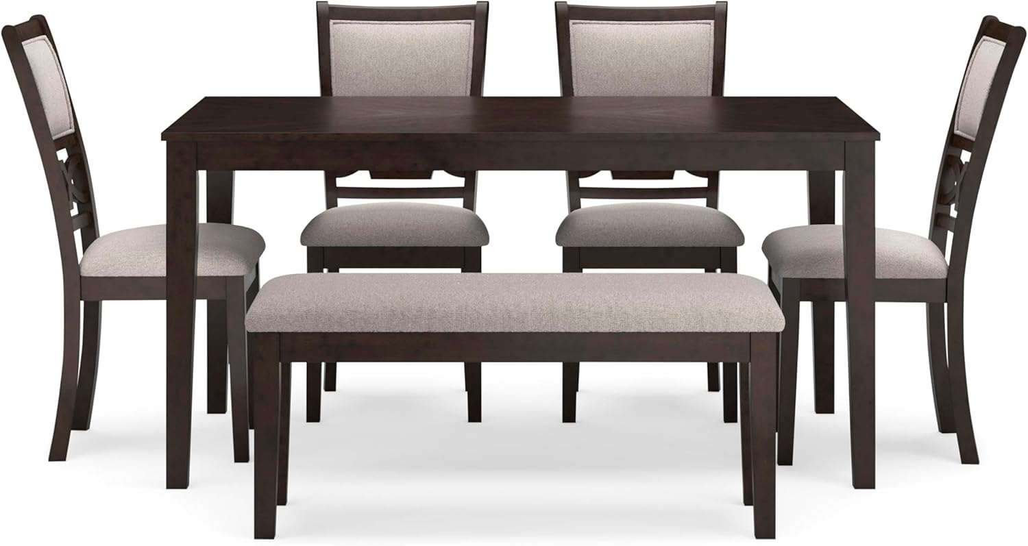 BOWERY HILL Dining Table Set, Contemporary Style, Brown Finish, Rubberwood & Mindi Veneer, Light Beige Upholstery, Includes Table, 4 Chairs & Bench, Seating for 6, Foam Cushioned, Transitional Dining