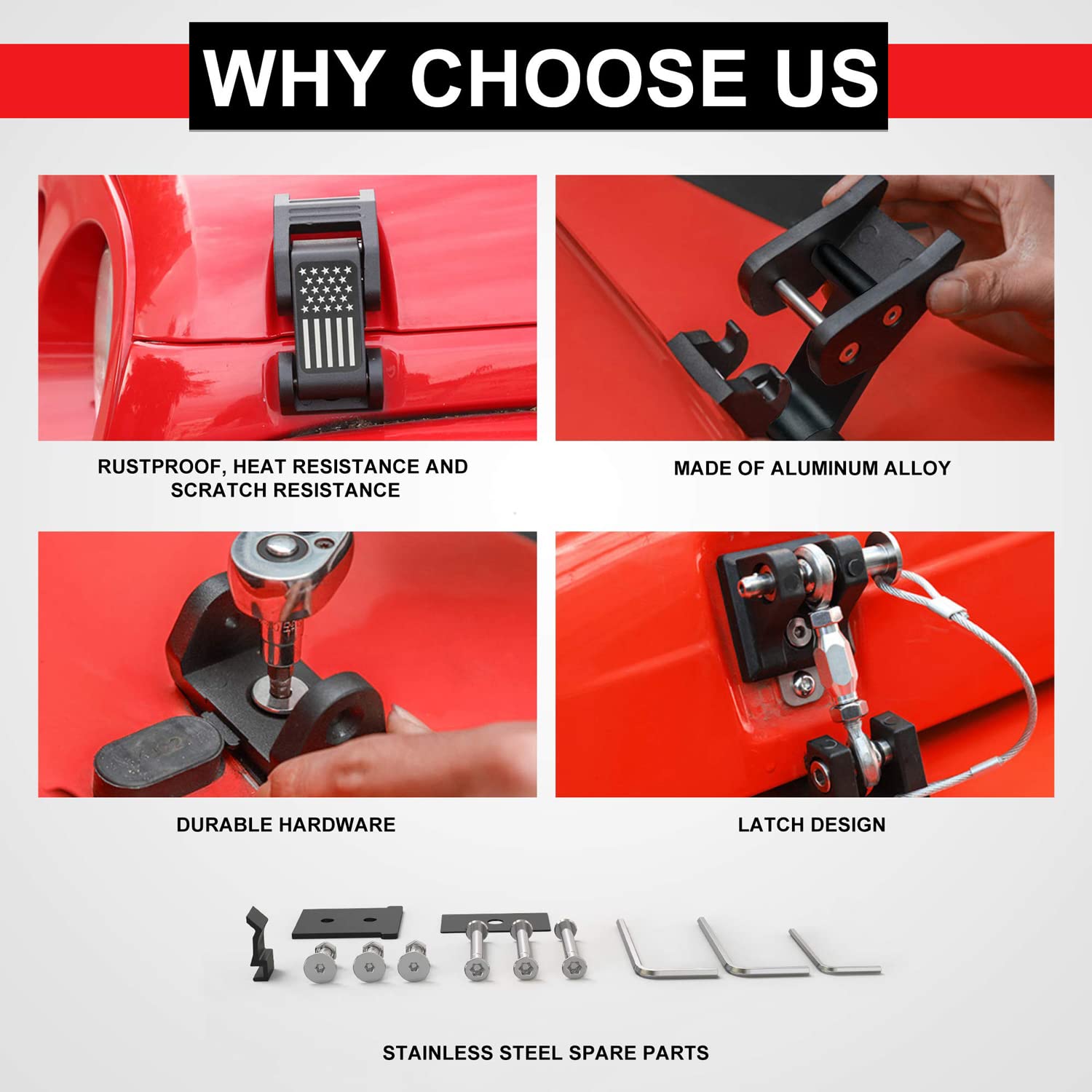 Zestaw zaczepów maski z aluminium do Jeep Wrangler JK JKU 2007-2018 i Jeep Wrangler JL JLU Gladiator JT 2018-2023