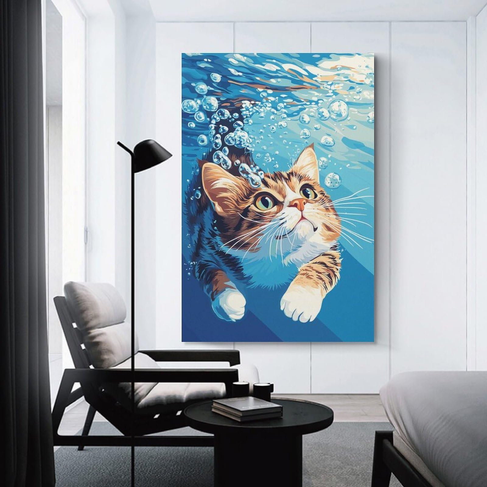 Junmoney Unframe-Style-7 Cat Swimming Underwater With Bubbles Wall Picture Print, 16X24inch(40X60cm), For Gallery Wall Decor And Room Displays, A Versatile Canvas Print For Layering