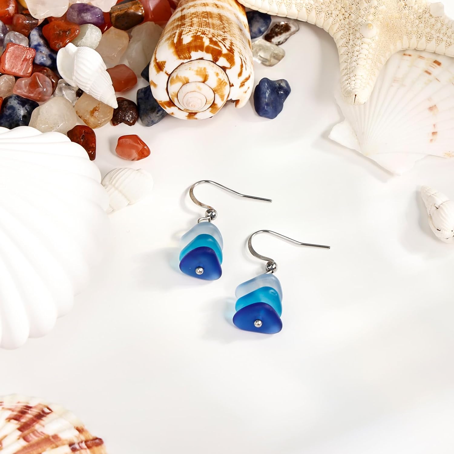 Sea Glass Drop Dangle Earrings for Women – Handcrafted Beach Earrings with Gradient Blue Beads, Silver Sea Glass Jewelry for Summer Vacation - Image 4