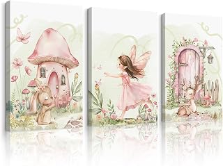 Fairy Girl Nursery Wall Art Magic Canvas Wall Decor Fairy Garden Poster Fantasy Nursery Prints Fairytale Butterfly Flower Pictures Bunny Deer Painting for Girls Bedroom 12x16x3 Inch Ready to Hang