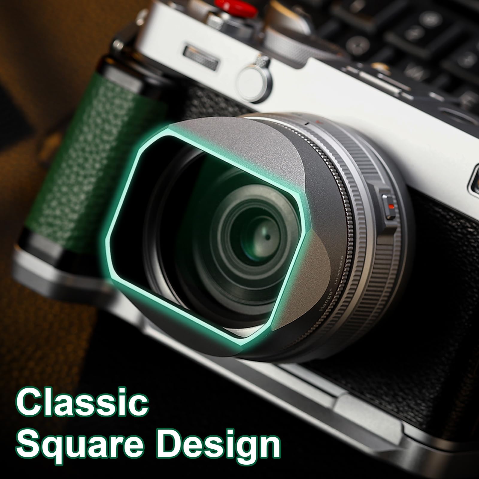 Haoge Metall Squaret - Parasol de objetivo para Fujifilm XF23 mm F2.8 en XE5 cámara Body kit XF27mmF2.8 R WR Objektive 39 mm Schraubbar Hood Silver,with Metallldeckel