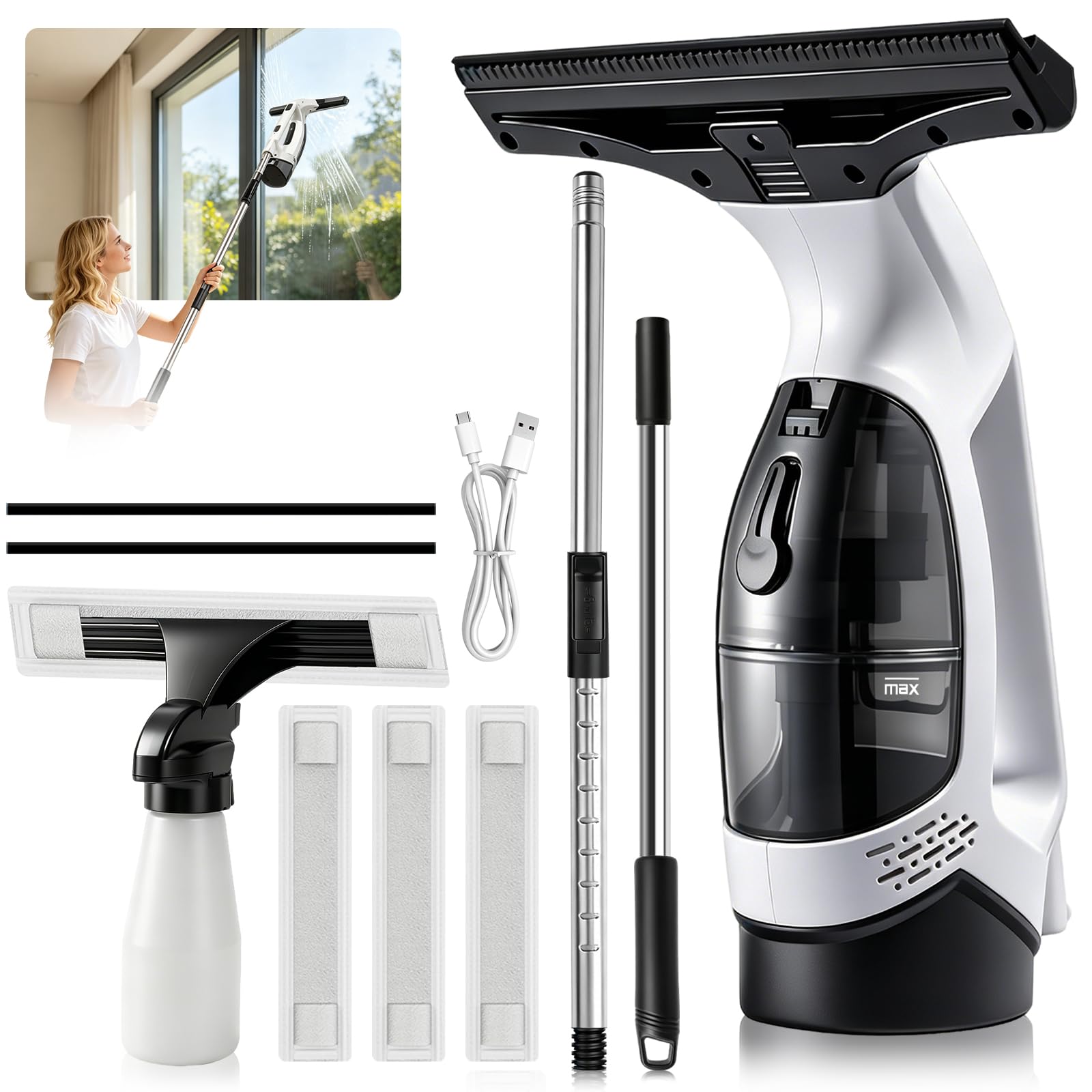Photo 1 of Window Vacuum Squeegee with Extendable Pole 31-40", 2000Pa Electric Window Cleaning Tool with 2200mAh and 150ml Dirty Water Tank, Long Handle Squeegee for Windows, Shower Doors, Mirrors, and Tiles