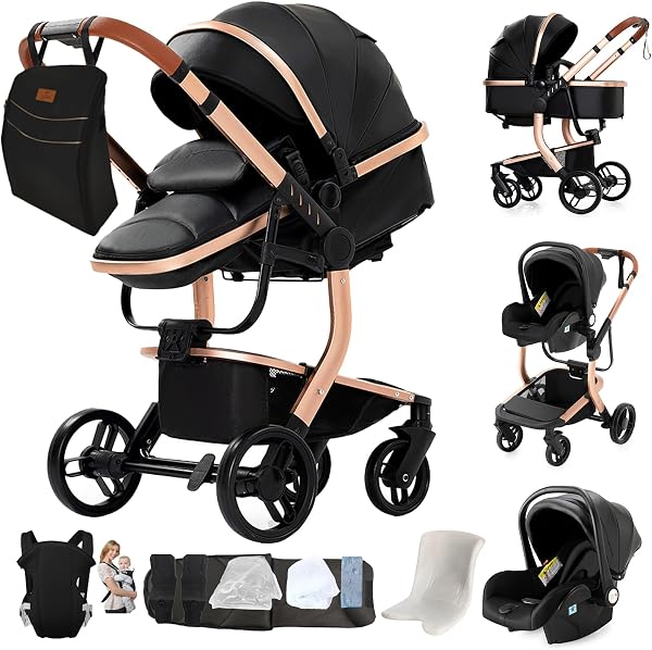 Magic ZC PU Leather 3 in 1 Pushchair Pram Travel System, Baby Stroller 3 in 1 with Reversible Two Pushing Modes, Newborn Infant Carriage One-Click Folding, Toddler Buggy Aluminum Frame (Black 518) - 1