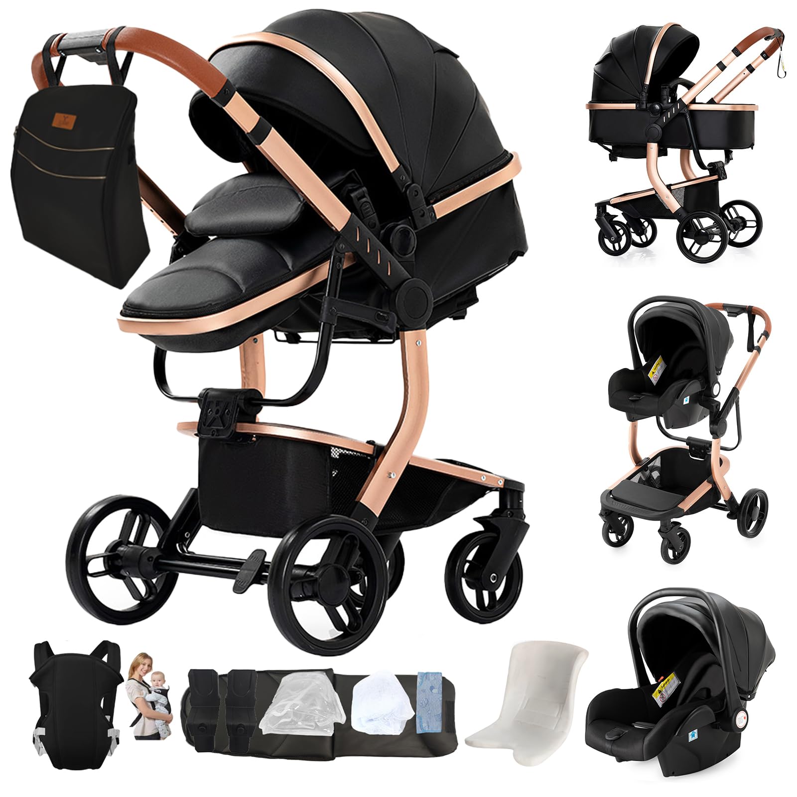 Sianldcone Pelle PU Passeggino 3 in 1 Trio Neonati, Tessuti di Alta Qualità Carrozzina per Neonato, Spinta Bidirezionale Passeggino Reversibile, Visione Aperta Passeggini Trolley (L518 Black)