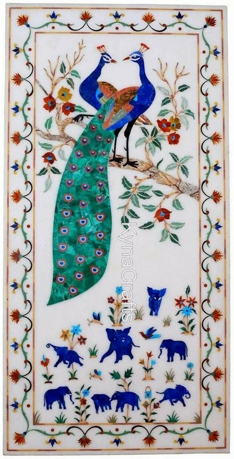 Vintage Marble Table Top with Peacock Pattern Inlay Work 24 x 48 Inches Luxury Stone Dining Table from Cottage Arts and Crafts
