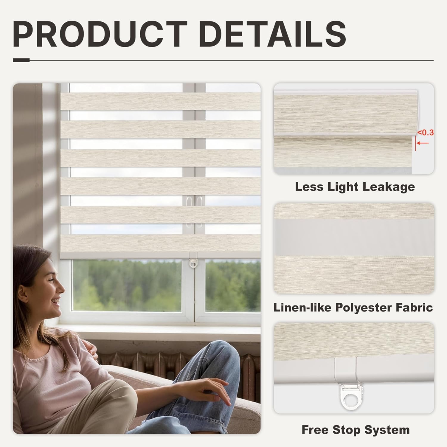HESTIA Cordless Light Filtering Zebra Shades, Linen-Like Fabric Blinds for Indoor Windows, Dual Layer for Day & Night Light Control in Bedroom/Living Room/Office, Cream, 20" W X 48" H 20"W x 48"H Cream