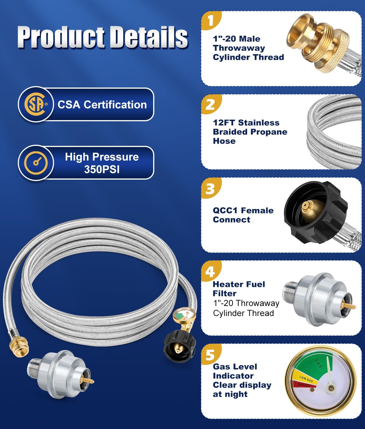WADEO Detachable Propane Fuel Filter F273699 and 12FT Stainless Braided Propane Adapter Hose with Gauge, Compatiable With Propane Buddy Heater, Connect to 5-40 lb Propane Tanks