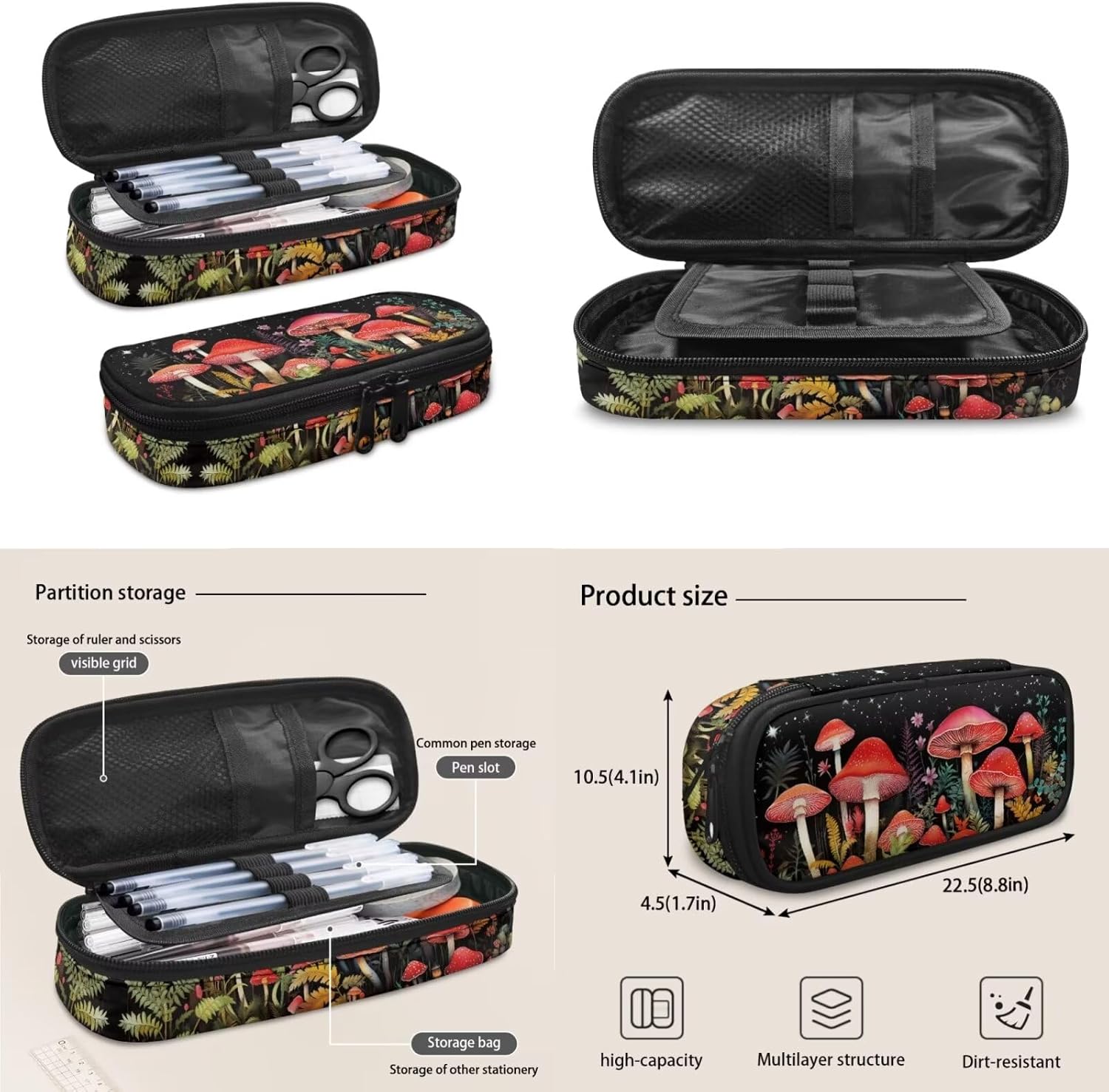 Classic Mushroom Backpack for Girls Backpack with Lunch Box Insulated and Pencil Box Water Bottle Wear-resistant Large Capacity Purse Backpack for Girls 17inch Cute School Bag