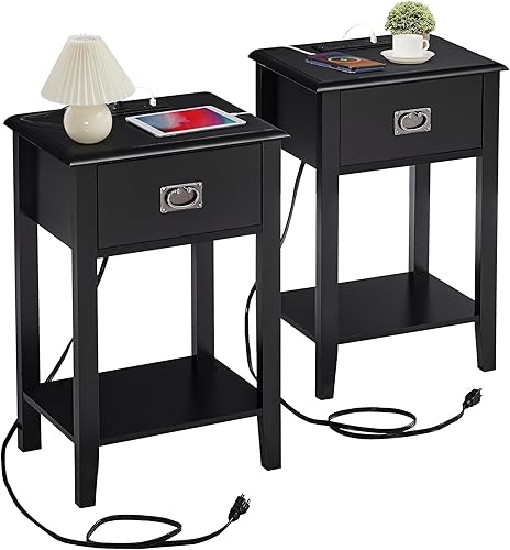 VECELO Juego de 2 mesitas de noche con estación de carga, almacenamiento para dormitorio, sala de estar, muebles de acento vintage, patas de madera