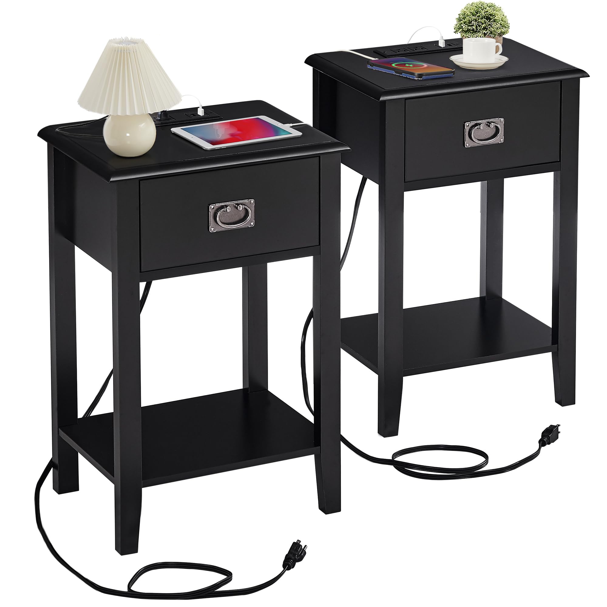 VECELO Nightstands Set of 2 with Charging Station End Bedside Tables Storage for Bedroom, Living Room, Vintage Accent Furniture, Solid Wood Legs, One Drawer, Black