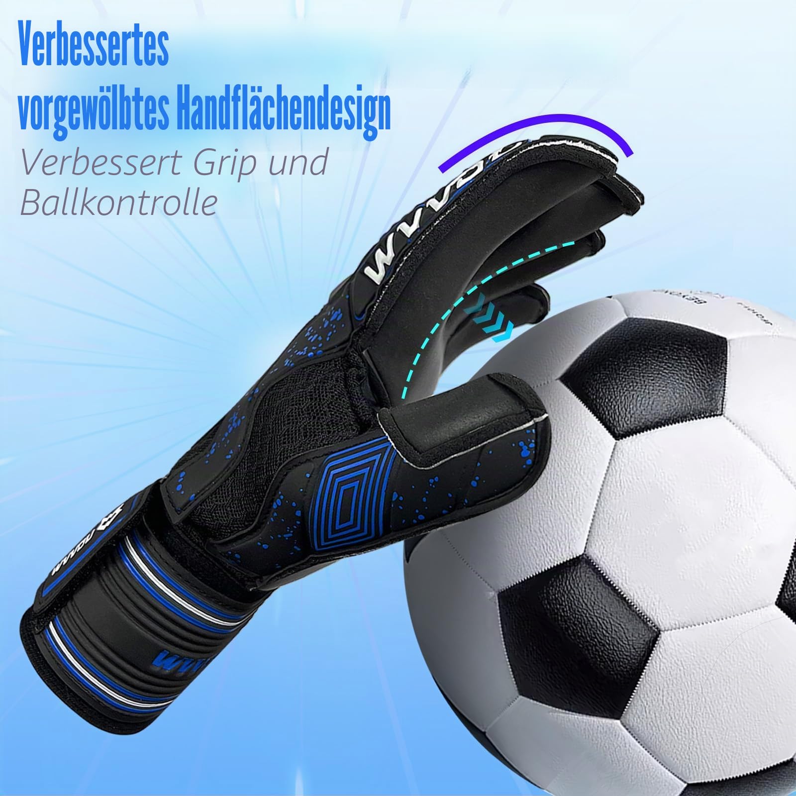 WVVOU Torwarthandschuhe Kinder und Herren Größe 6-9 Schwarz, Abnehmbarer Fingersave, 4+3 mm Latex, rutschfest, Fußball-Training und Spielbetrieb, Atmungsaktives Netz