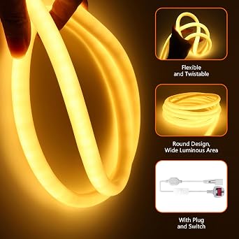 Silicone Neon Round LED Strip Light 2m Natural White 4000K Waterproof Fireproof IP65 Led Strip Lights 220V Cuttable Flexible Neon LED Rope Lights with Power Supply for Bedroom, Outdoor [Energy Class F]