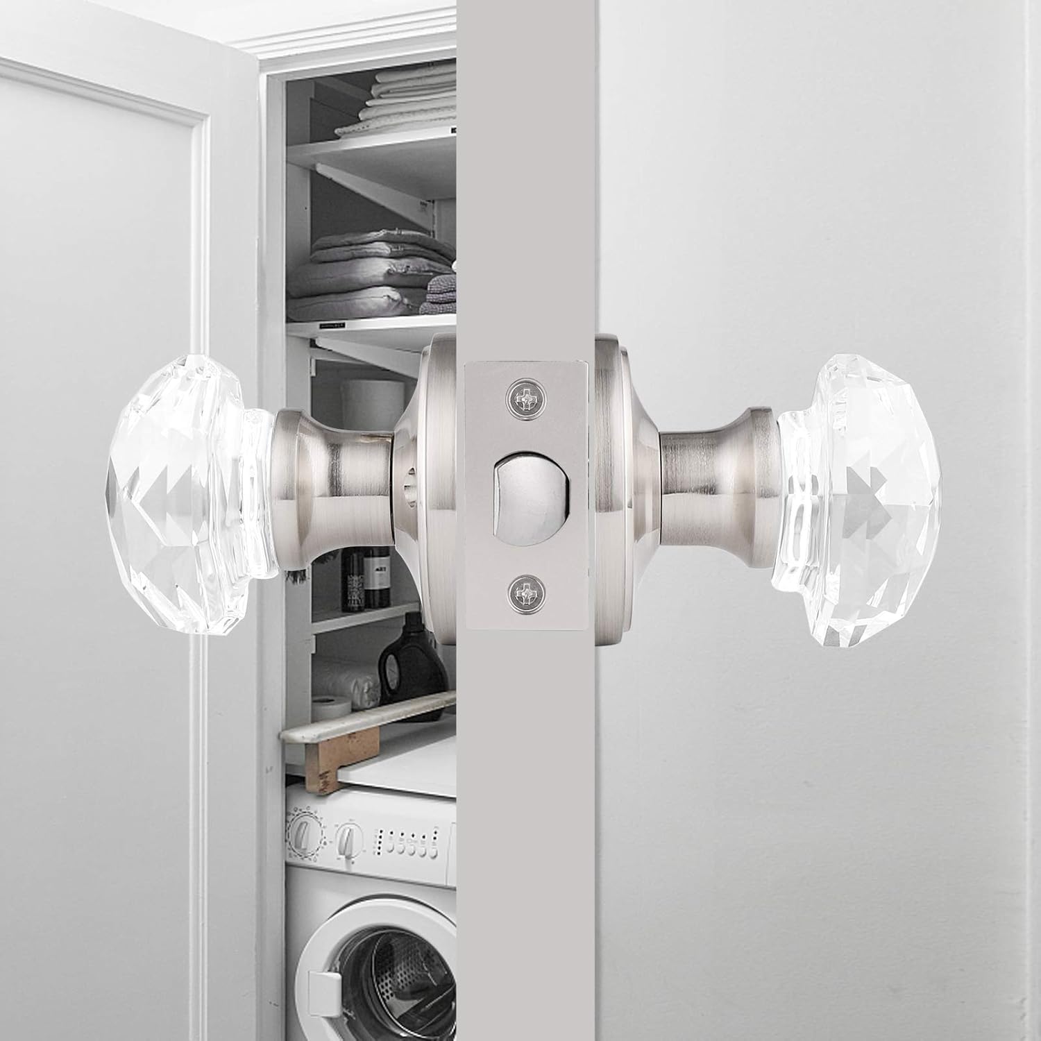 Review Discount 2 Pack Diamond Crystal Door Knobs,Hall Closet Door Knobs, Passage Door Locks,Satin Nickel, 55mm Diameter