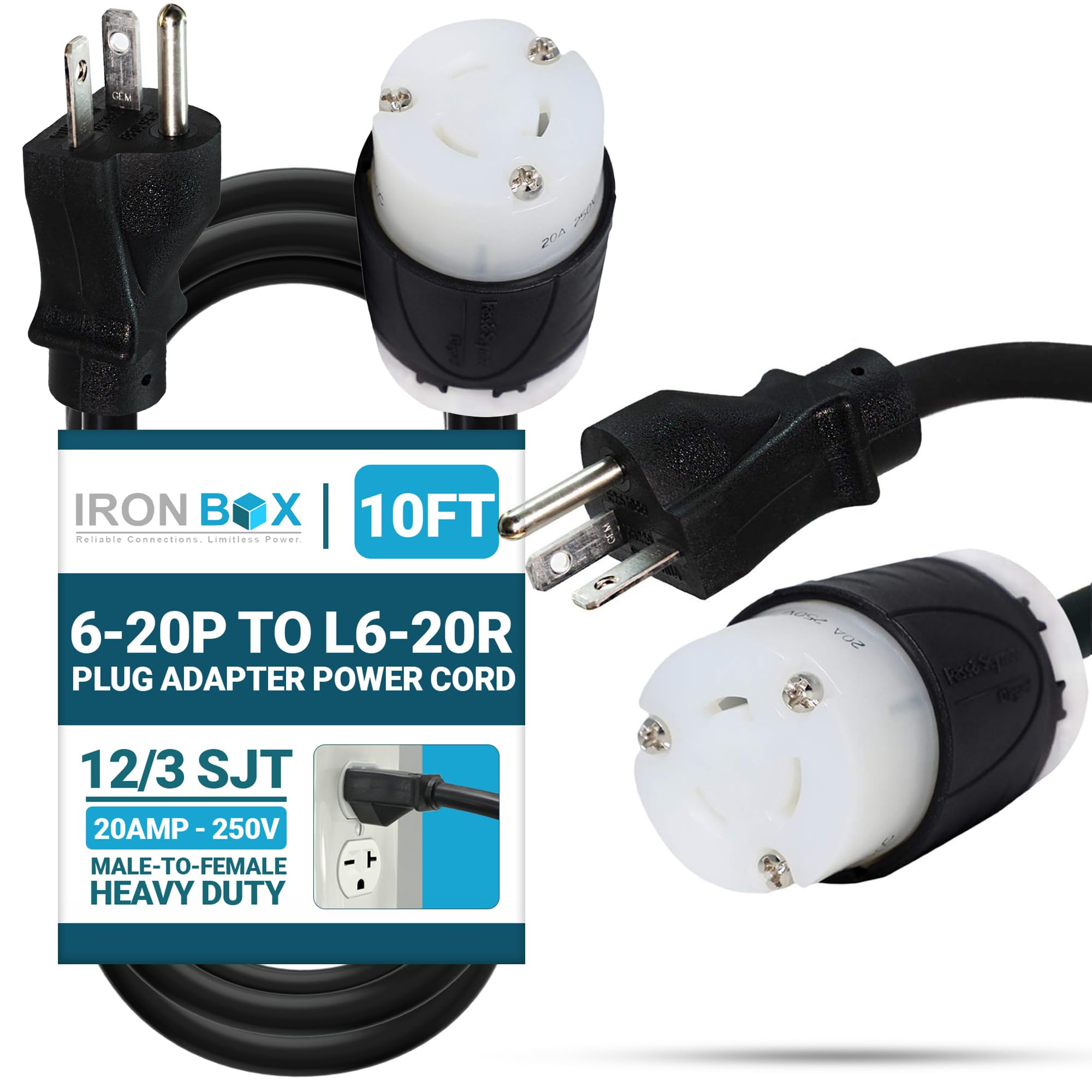IronBox Electric 6-20P to L6-20R Plug Adapter Power Cord - 20A, 250V, 12/3 SJT - UL Listed Power Cord Extension Cable - Heavy Duty Plug and Connector