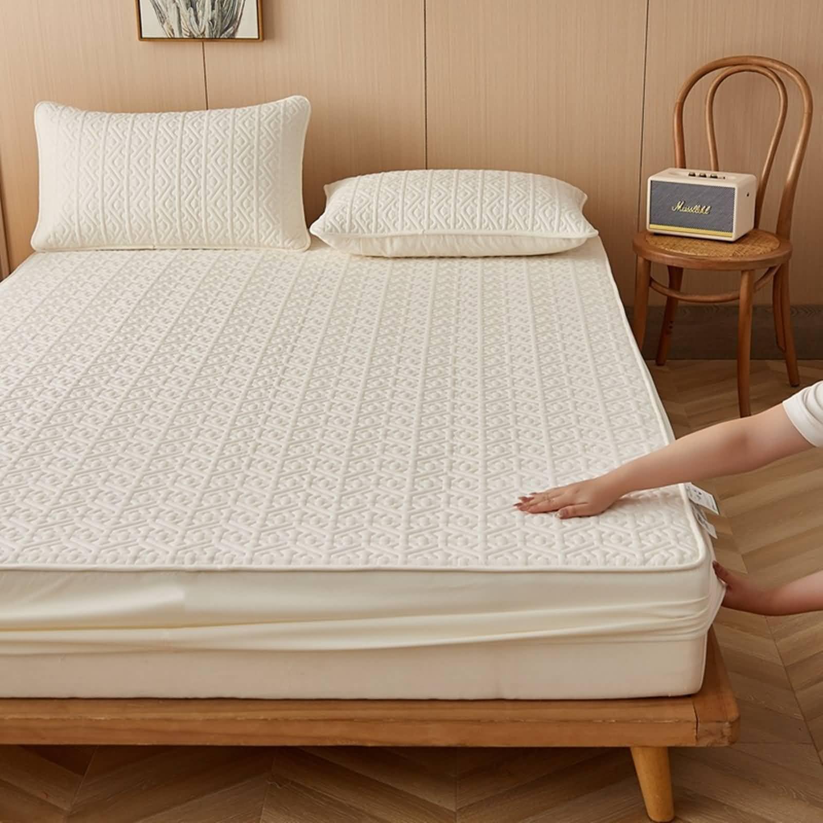 KnSam Spannbettlaken Baumwolle Allergiker, Einfarbig mit Geometrisch Muster Spannlaken, Textilien Klassische Tagesdecke Betthusse Beige Weiß Unterbett als Schutz für Matratze, 180x200cm