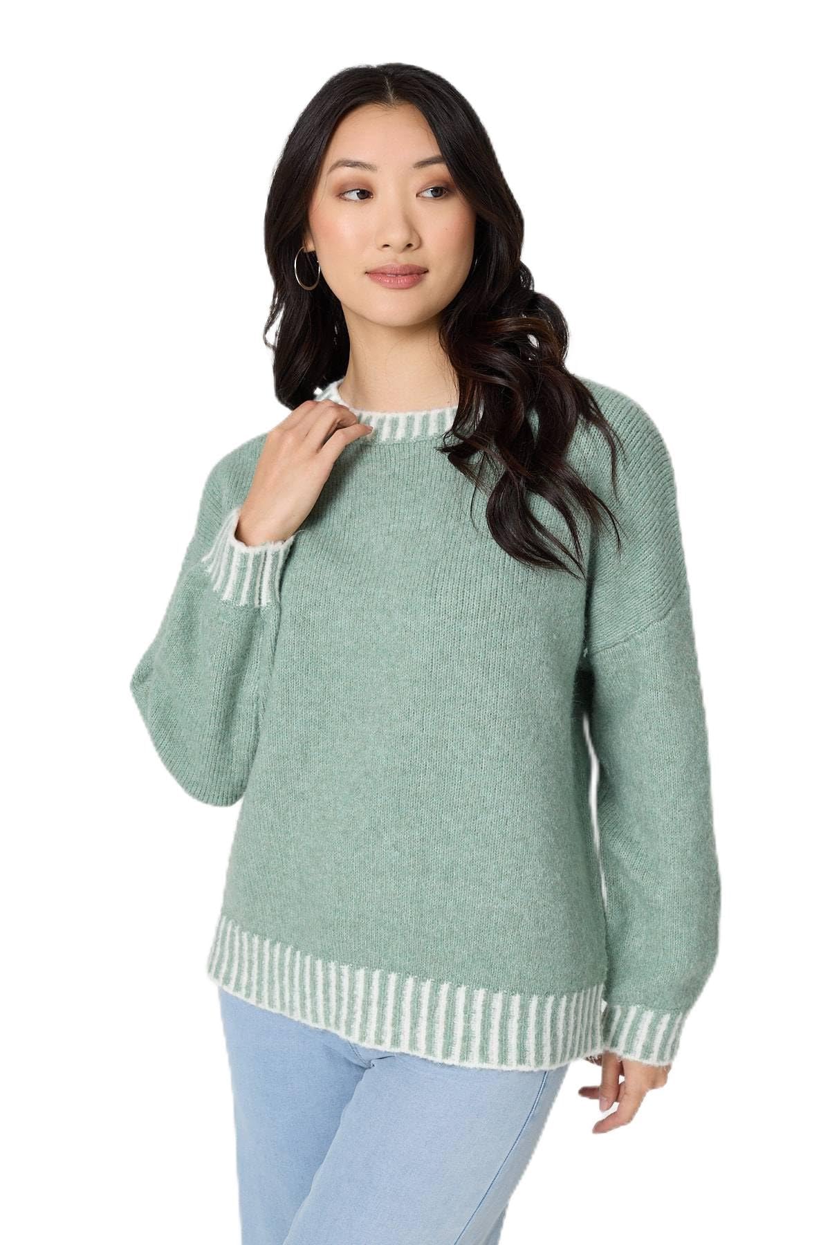 Izabel London Women's Green Contrast Trim Balloon Sleeve Jumper In | Size: Small/Medium