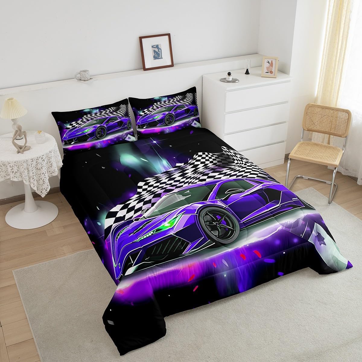Purple Race Car Comforter Set Full Size, Black White Lattice Bedding Set 2pcs for Kids Boys Teens Room Decor,Extreme Sport Games Quilt Set,Cool Modern Duvet Insert with 2 Pillowcases