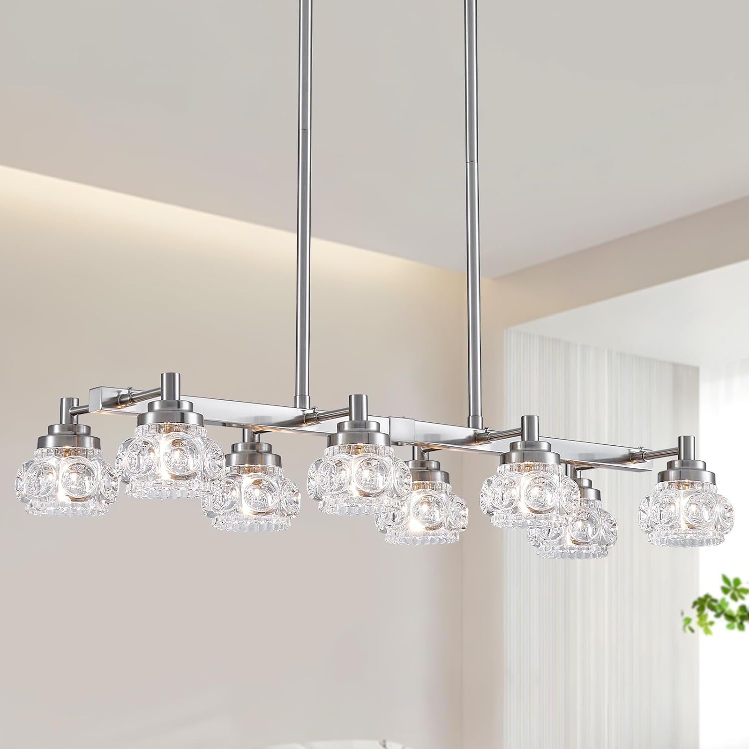 Brushed Nickel Dining Room Chandelier Over Table Modern Sputnik Rectangular Kitchen Island Light Fixture 31.5" Glass Linear 8-Light