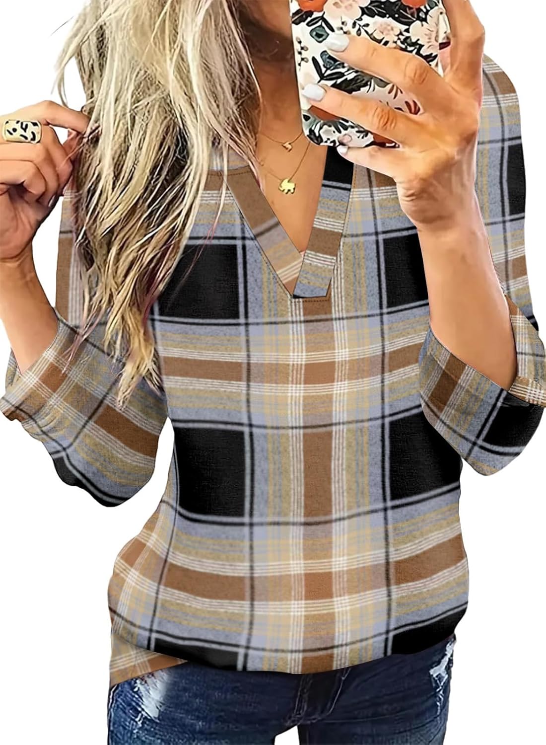 WIHOLL Womens Casual V Neck Rolled Long Sleeve Work Tops Blouses Shirts Fall Outfits - Image 3