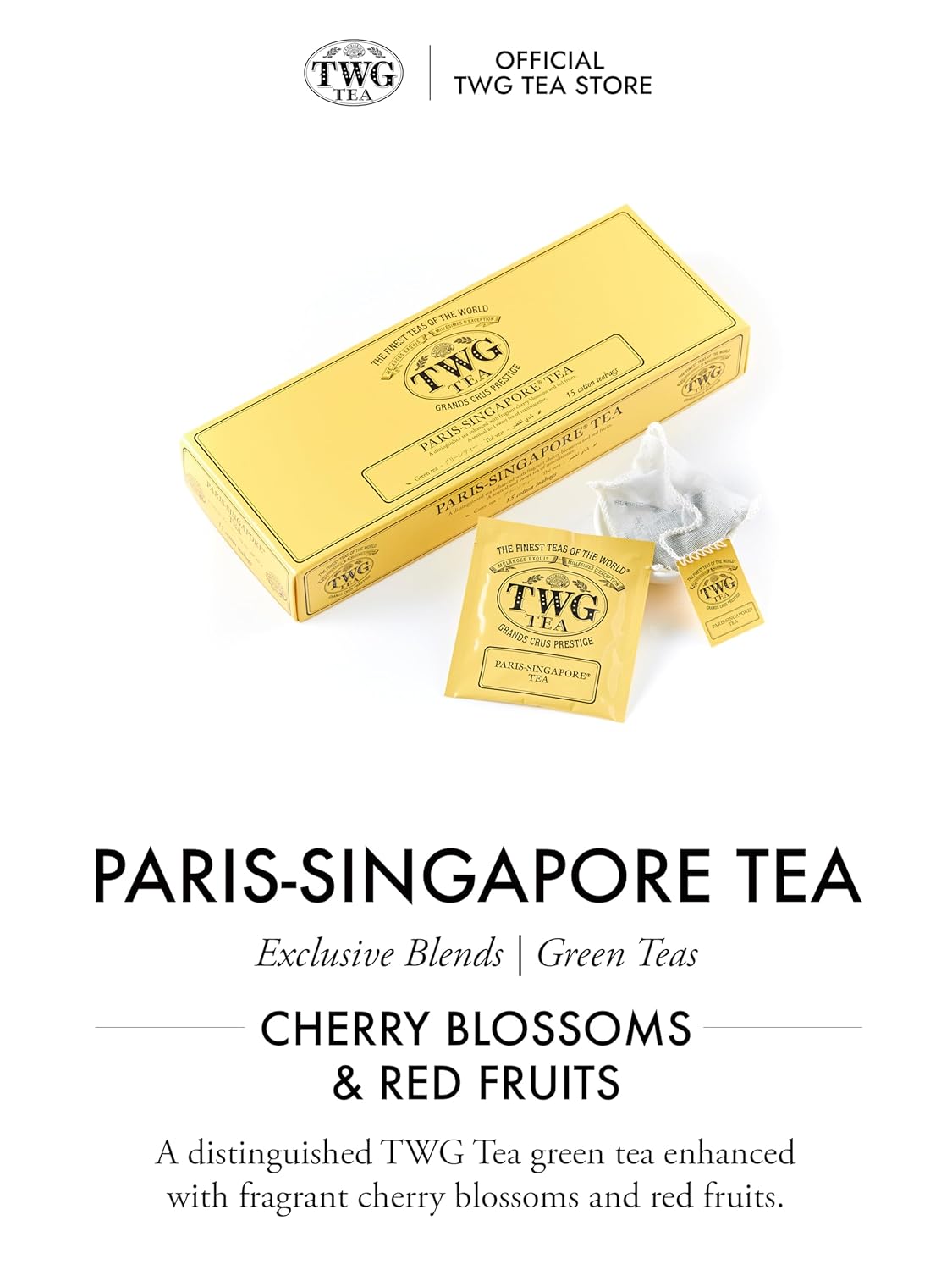 TWG Tea | Paris-Singapore Tea | Green Tea | Cherry Blossoms & Red Fruits | 15 Hand Sewn Cotton Teabags | Gift Set