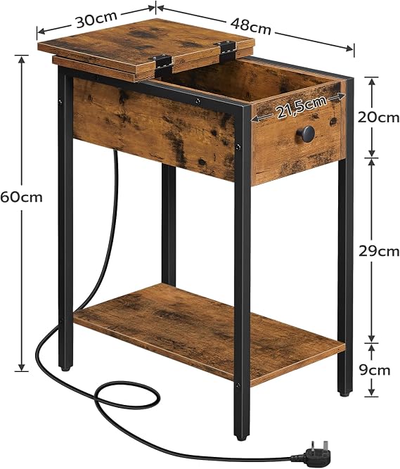 HOOBRO Side Table, Slim Bedside Table with Charging Station, USB Ports and Power Outlets, Nightstand for Living Room, Bedroom, Flip Top, Rustic Brown and Black EBF348KBZ01