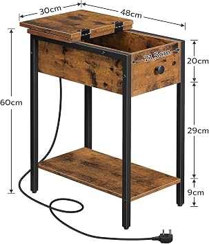 HOOBRO Side Table, Slim Bedside Table with Charging Station, USB Ports and Power Outlets, Nightstand for Living Room, Bedroom, Flip Top, Rustic Brown and Black EBF348KBZ01