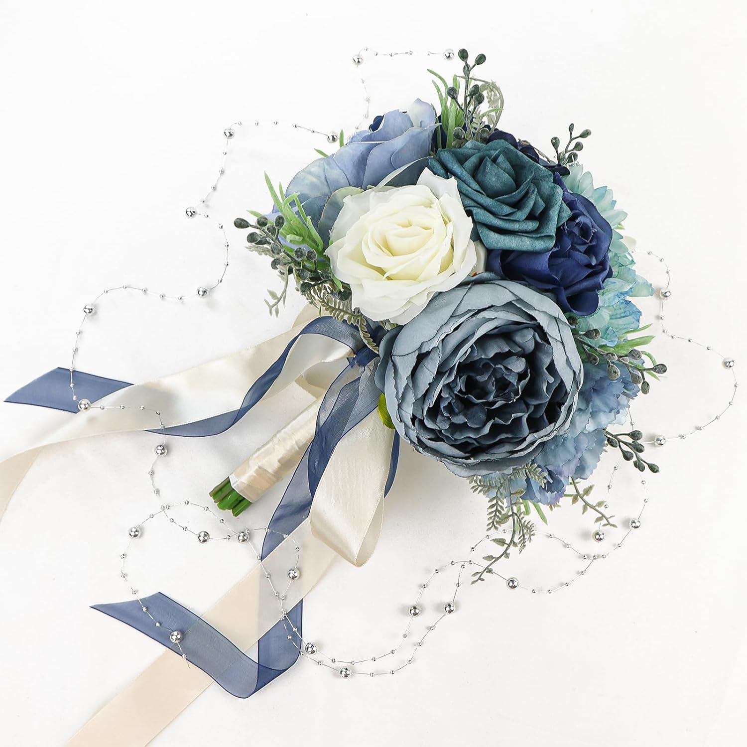 Wedding Bouquets for Bride Bridesmaid 8.5 Inch Dusty Blue Artificial Roses Flowers Bridal Bouquets for Bride Wedding Marriage Proposal Party Church Decoration