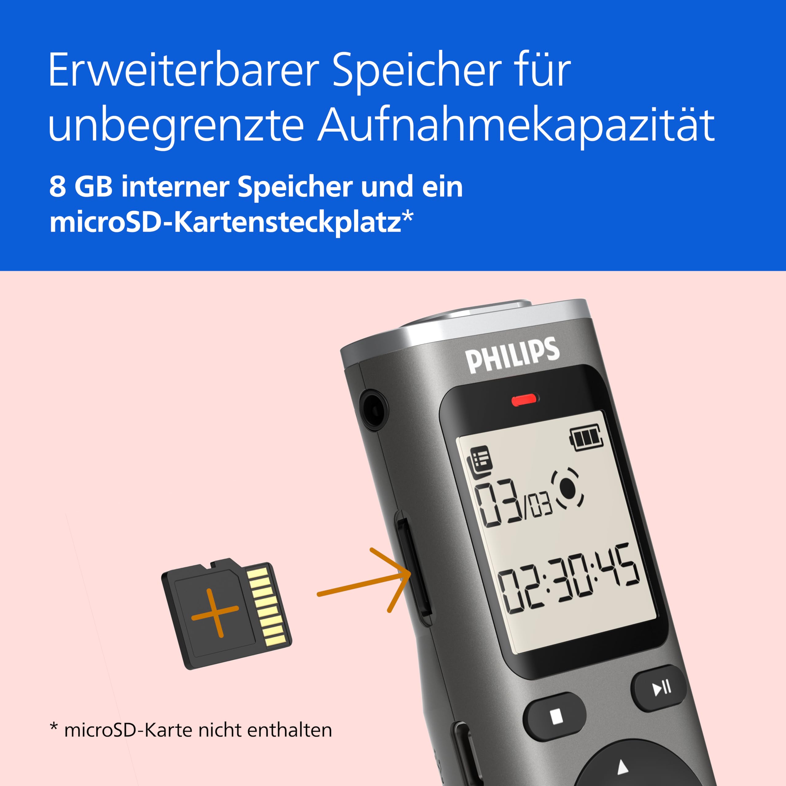 Philips DVT1170 VoiceTracer, Diktiergerät, Aufnahmegerät, 8GB, MicroSD-Steckplatz, 360°-Mikrofon
