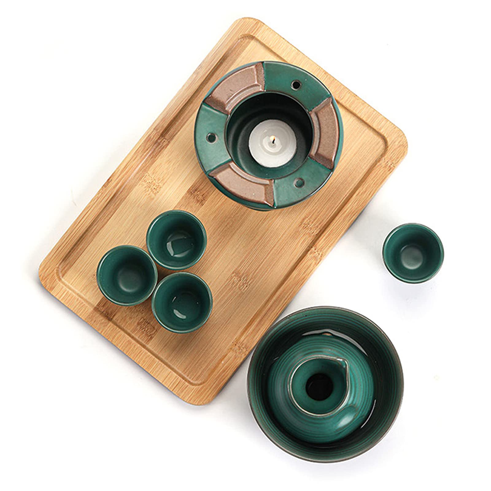 Set per sake in ceramica, set per sake e tazze con scaldavivande, kit per bevande calde per sakè in porcellana tradizionale, 8 pezzi, include 1 fornello, 1 ciotola riscaldante, 1 sakè, bottiglia, 4