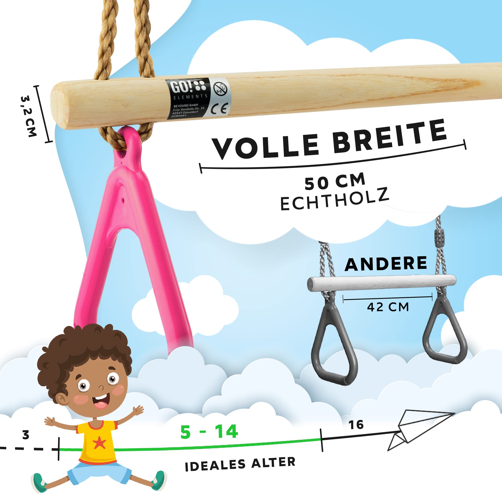 Trapez Schaukel Garten Kinderschaukel Outdoor Indoor Höhenverstellbar rutschfest Schaukelsitz robuste Schaukel mit Holzstange Kunststoffringen